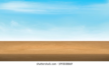Empty Wood table top on blue sky background.Brown wood texture  with smooth and clean sky for display of content design.Banner for advertise product. Perspective brown wood couter.vector illustration.