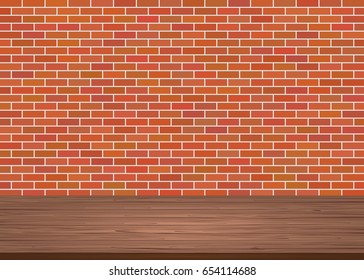 Empty wood table top on brick brown wall background