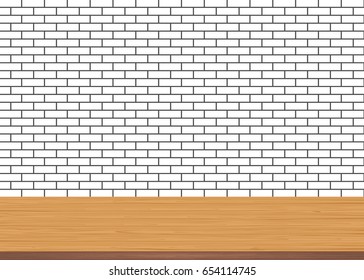 Empty wood table top on brick white wall background