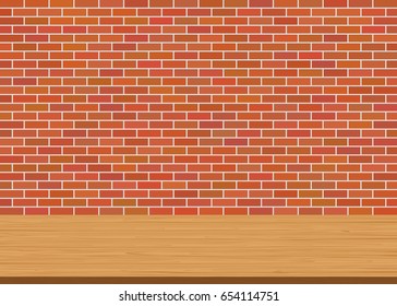 Empty wood table top on brick brown wall background
