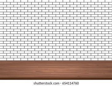 Empty wood table top on brick white wall background