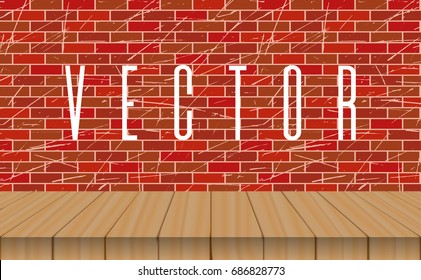 Empty wood table top on brick wall background