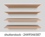 Empty wood wall shelf for book isolated vector. 3d wooden bookshelf for library. Product rack or table realistic design with texture. Exhibition plank with shadow for market display stand angle set.