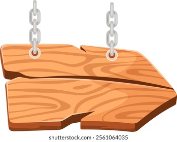 Empty wooden arrow shaped sign hanging from metal chains, pointing right against a clean white background, ideal for incorporating custom text or messages