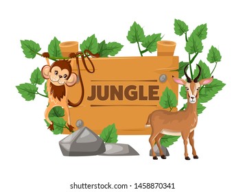 Empty wooden banner board with tropical leaves animals monkey with space for text. Game wooden empty boards isolated jungle cartoon elements games gui interface vector illustration