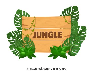 Empty wooden banner board with tropical leaves with space for text. Game wooden empty boards isolated jungle cartoon elements games gui interface vector illustration