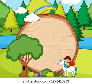 Empty wooden banner in the forest scene with fairy tale cartoon character and elements illustration