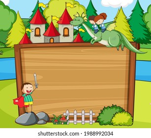 Empty wooden banner in the forest scene with fairy tale cartoon character and elements illustration