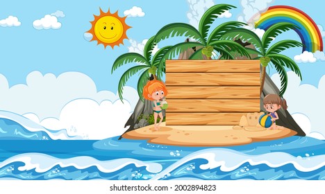 Empty wooden banner template with kids on vacation at the beach daytime scene illustration