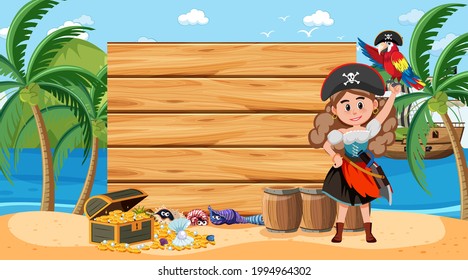 Empty wooden banner template with pirate woman at the beach daytime scene illustration
