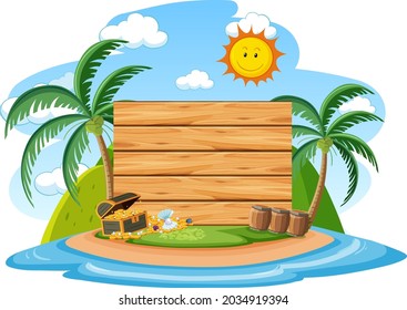 Empty wooden banner template with summer beach element on white background illustration