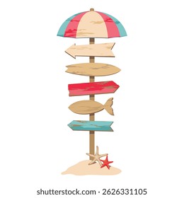 Panneau de plage en bois vide avec flèches. Image vectorielle illustrée clip art. La main ne tire pas d'air.