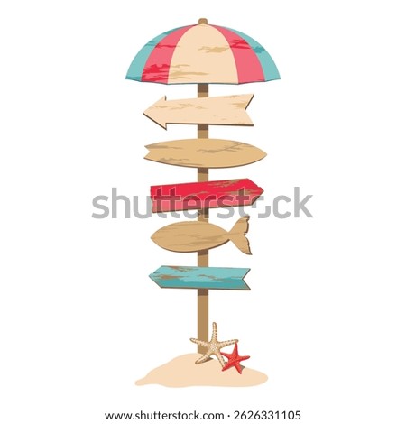 An empty wooden beach sign with arrows. Illustrated vector clipart. Hand draw no ai.