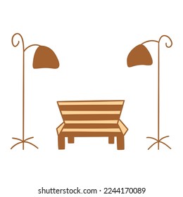 Banco de madera vacío entre las lámparas de la calle. Lugar romántico en el parque o junto a la acera. Ilustración vectorial colorida aislada dibujada a mano. Doodle vintage