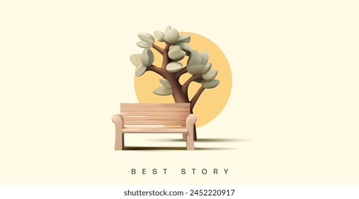 Empty wooden bench under a tree, 3D. Park, sunset, recreation, your story, an idea for illustrating a social theme. Vector