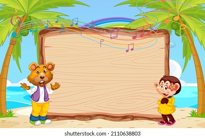 Empty wooden board with bear and monkey at the beach illustration