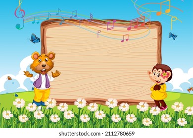 Empty wooden board with bear and monkey at nature park illustration