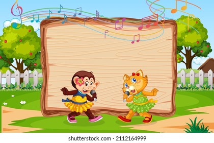Cartel de madera vacío con gato y mono en la ilustración del parque natural