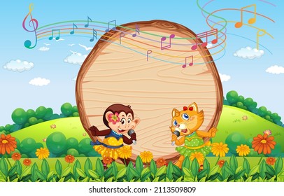 Empty wooden board with cat and monkey at nature park illustration