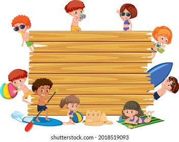 Empty wooden board with children in summer beach theme illustration