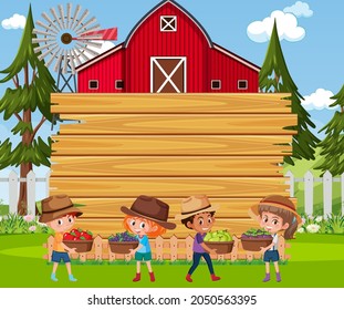 Empty wooden board with farmer kids at the farm scene illustration