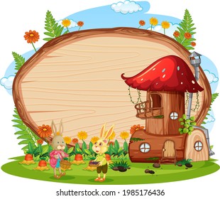 Empty wooden board in the garden with two rabbits isolated on white background illustration