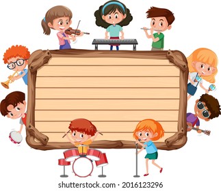 Empty wooden board with kids playing different musical instruments illustration