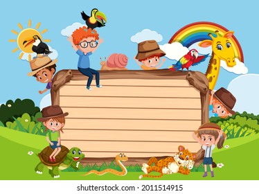 Empty wooden board with kids and zoo animals in the park illustration