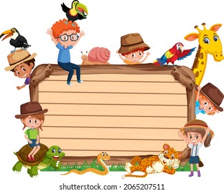 Empty wooden board with kids and zoo animals illustration