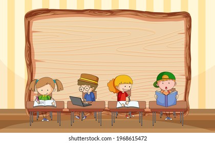 Empty wooden board with many kids doing their homework illustration