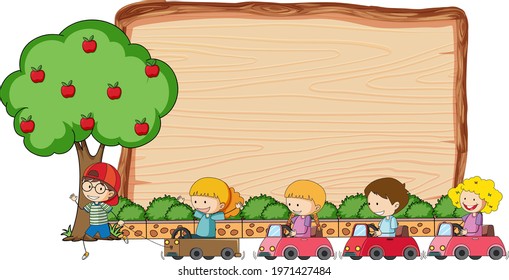 Empty wooden board with many kids doodle cartoon character illustration