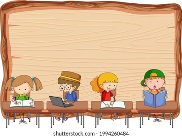 Empty wooden board with many kids doing their homework isolated illustration