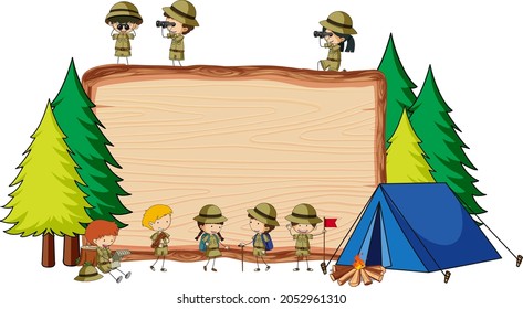 Empty wooden board with many kids in scout theme isolated illustration
