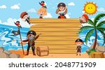 Empty wooden board with many pirate kids cartoon character at the beach illustration