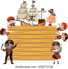 Empty wooden board with many pirate kids cartoon character illustration