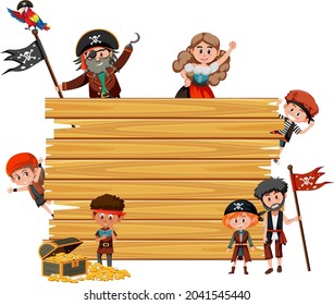 Empty wooden board with many pirate kids cartoon character illustration