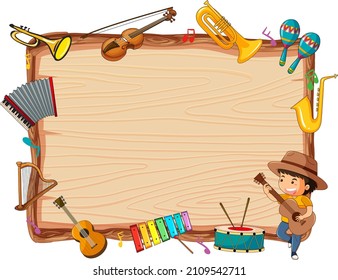Empty wooden board with musical instruments illustration