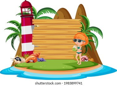 Empty wooden board on the island with lighthouse isolated  illustration