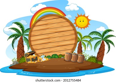 Empty wooden board on the island with many palm trees isolated  illustration
