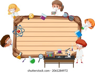 Empty wooden board with scientist kids cartoon character illustration