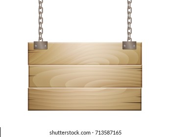 Empty wooden board sign hanging on a chain isolated on white. Vector illustration