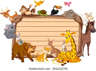 Empty wooden board with various wild animals illustration