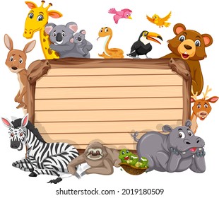 Empty wooden board with various wild animals illustration