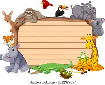 Empty wooden board with various wild animals illustration