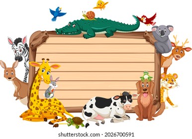 Empty wooden board with various wild animals illustration