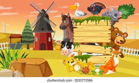 Empty wooden board with various wild animals in the farm illustration