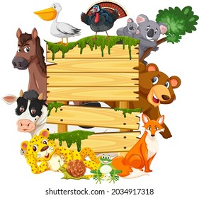 Empty wooden board with various wild animals illustration