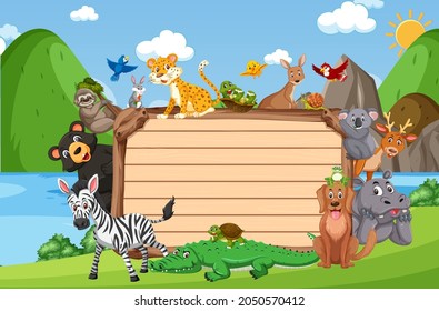 Empty wooden board with various wild animals in the forest illustration