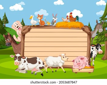 Empty wooden board with various wild animals in the forest illustration