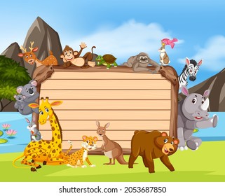 Empty wooden board with various wild animals in the forest illustration